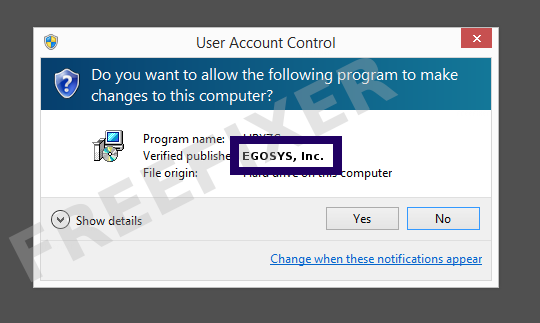 Screenshot where EGOSYS, Inc. appears as the verified publisher in the UAC dialog
